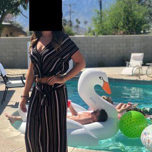 Two Piece Crop Top & Trousers (Black & Coral)